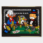 Obraz na płótnie „Richman's Poker” z postaciami Sknerusa McKwacza i Monopoly Mana grających w pokera przy stole pełnym złota i dolarów, na tle stylizowanej karty American Express.