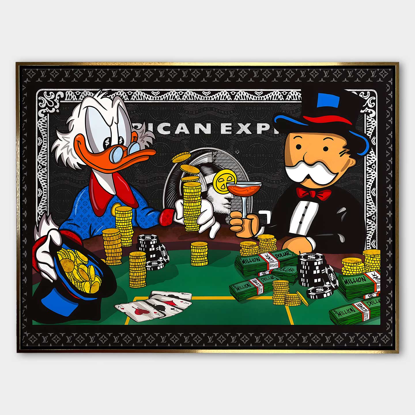 Obraz na płótnie „Richman's Poker” z postaciami Sknerusa McKwacza i Monopoly Mana grających w pokera przy stole pełnym złota i dolarów, na tle stylizowanej karty American Express.