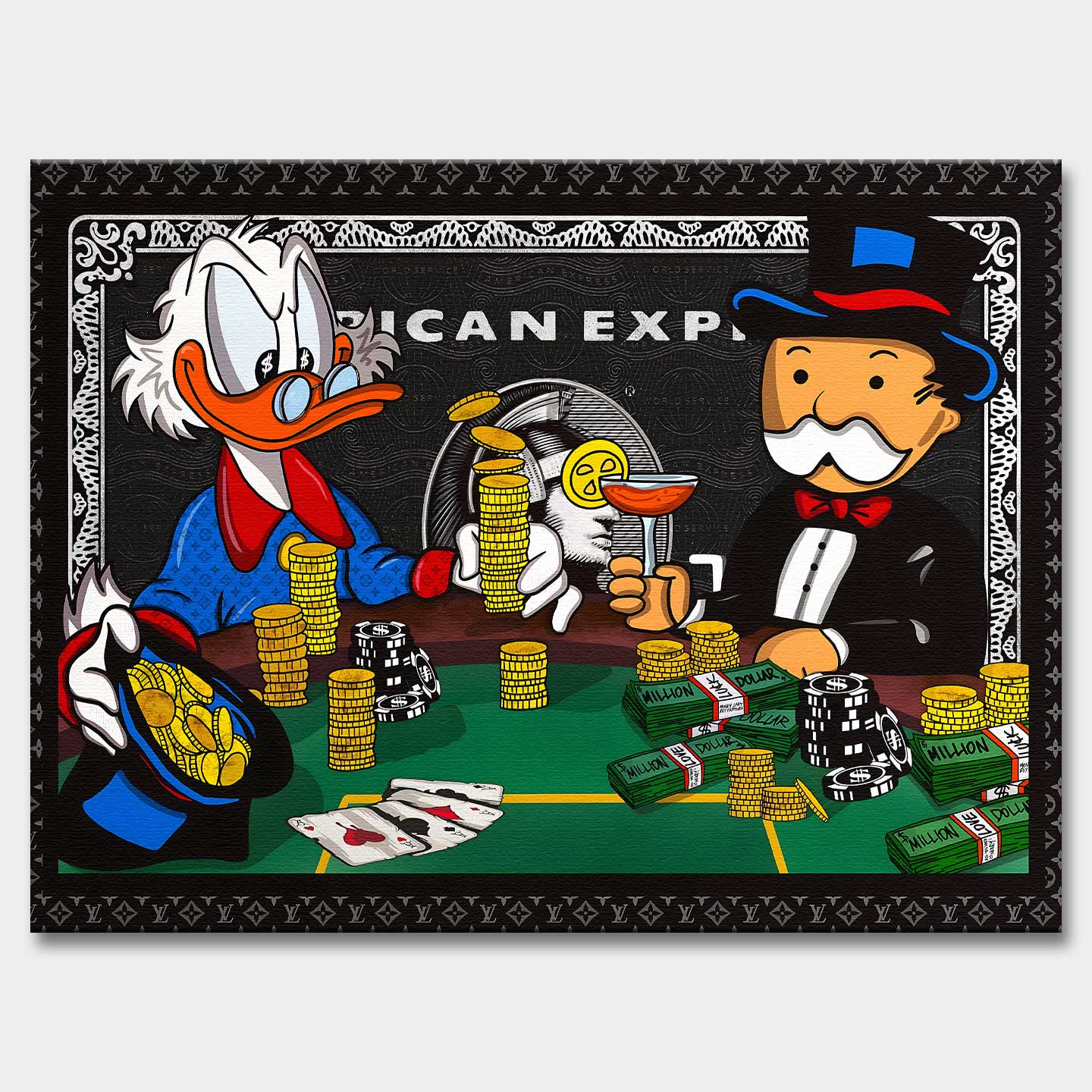 Obraz na płótnie „Richman's Poker” z postaciami Sknerusa McKwacza i Monopoly Mana grających w pokera przy stole pełnym złota i dolarów, na tle stylizowanej karty American Express.