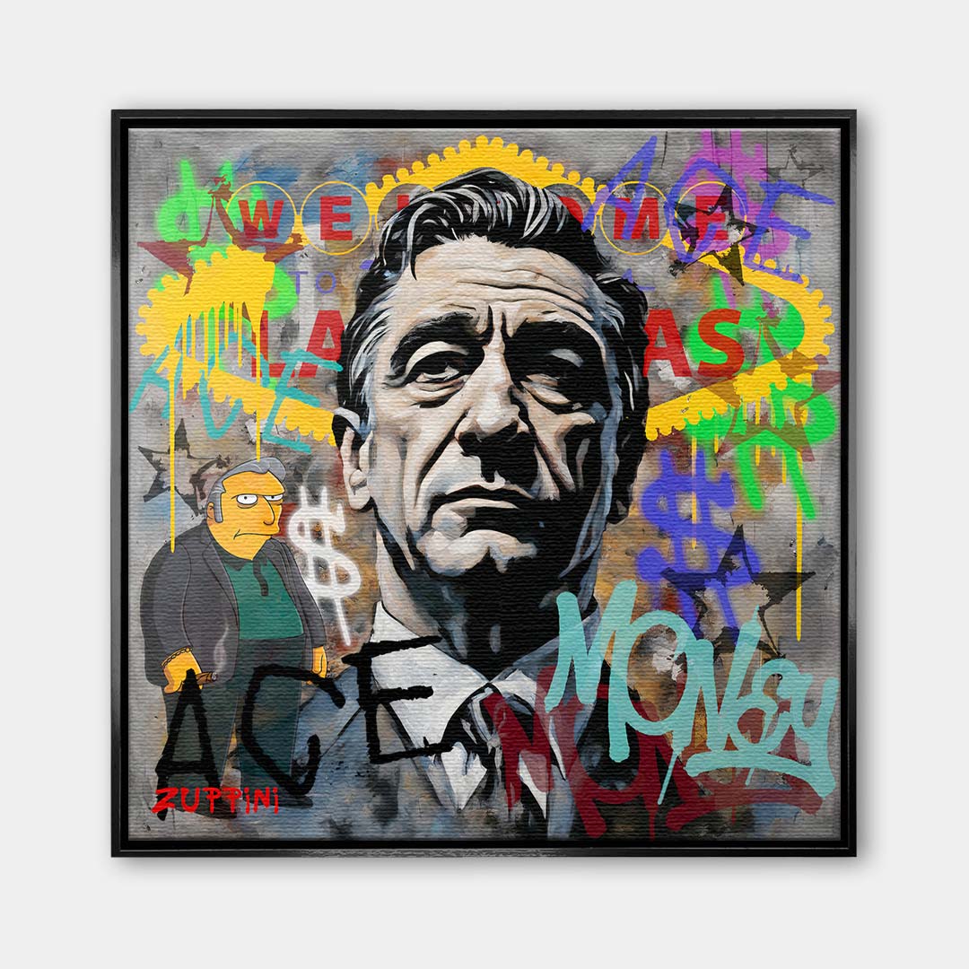 Obraz na płótnie z portretem Roberta De Niro z filmu Kasyno, z napisami graffiti i tłem Las Vegas. Nowoczesny wydruk galeryjny pop-art Huephant.