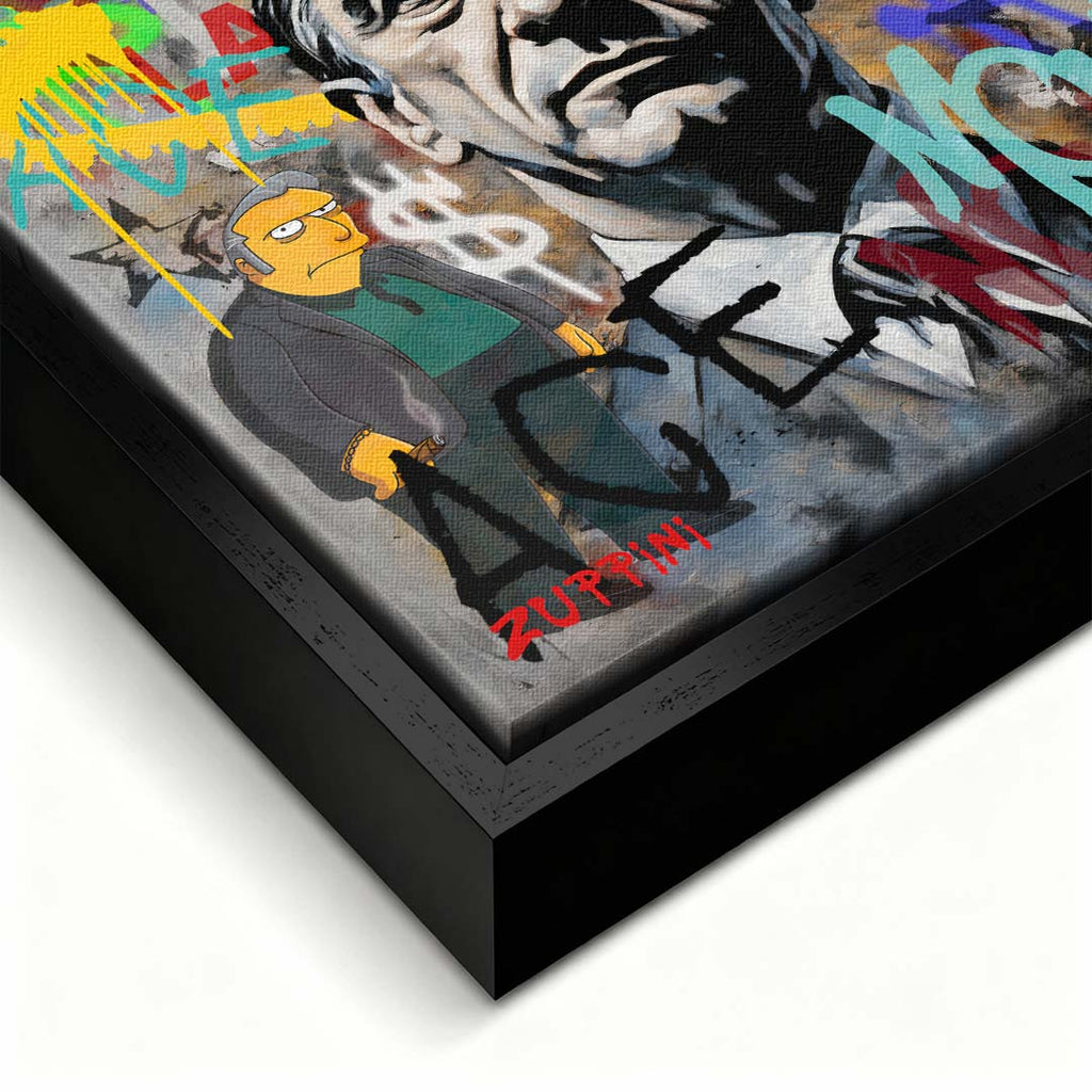 Obraz na płótnie z portretem Roberta De Niro z filmu Kasyno, z napisami graffiti i tłem Las Vegas. Nowoczesny wydruk galeryjny pop-art Huephant.