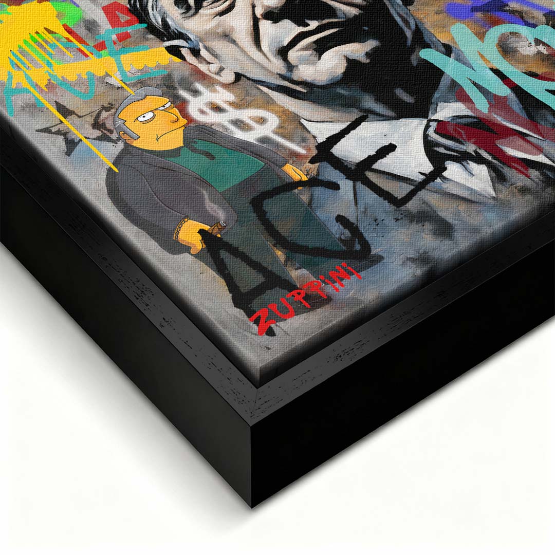 Obraz na płótnie z portretem Roberta De Niro z filmu Kasyno, z napisami graffiti i tłem Las Vegas. Nowoczesny wydruk galeryjny pop-art Huephant.