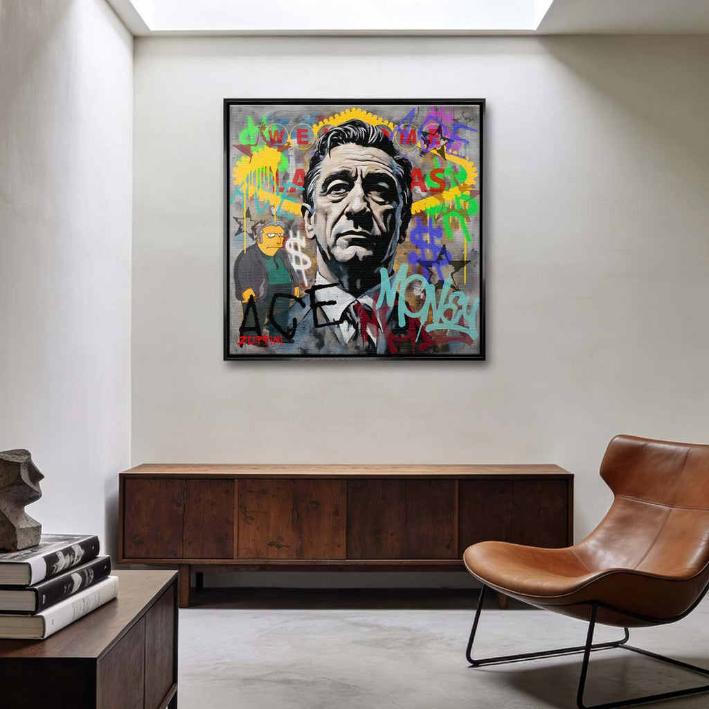 Obraz na płótnie z portretem Roberta De Niro z filmu Kasyno, z napisami graffiti i tłem Las Vegas. Nowoczesny wydruk galeryjny pop-art Huephant.