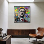 Obraz na płótnie z portretem Roberta De Niro z filmu Kasyno, z napisami graffiti i tłem Las Vegas. Nowoczesny wydruk galeryjny pop-art Huephant.
