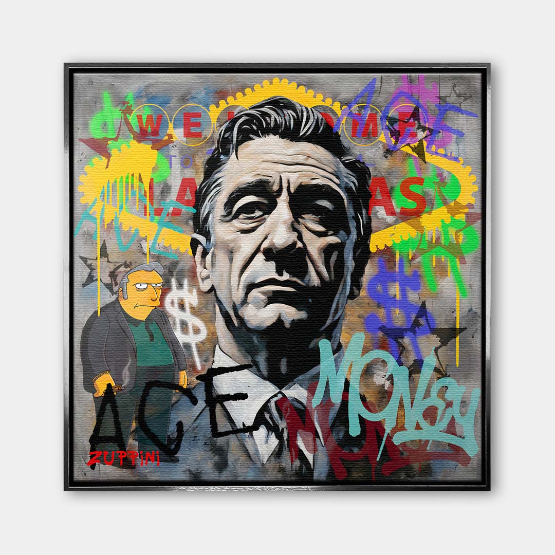 Obraz na płótnie z portretem Roberta De Niro z filmu Kasyno, z napisami graffiti i tłem Las Vegas. Nowoczesny wydruk galeryjny pop-art Huephant.
