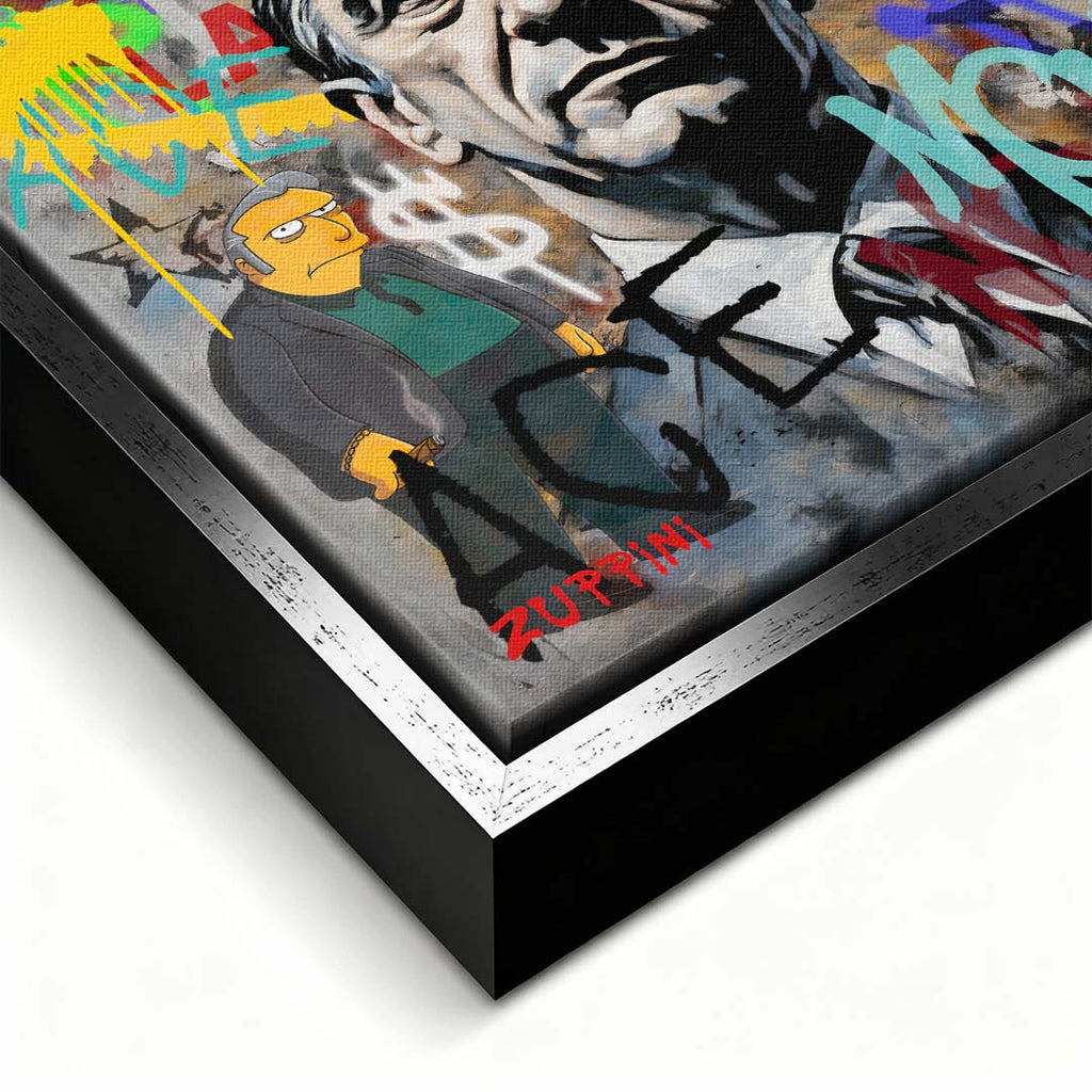 Obraz na płótnie z portretem Roberta De Niro z filmu Kasyno, z napisami graffiti i tłem Las Vegas. Nowoczesny wydruk galeryjny pop-art Huephant.