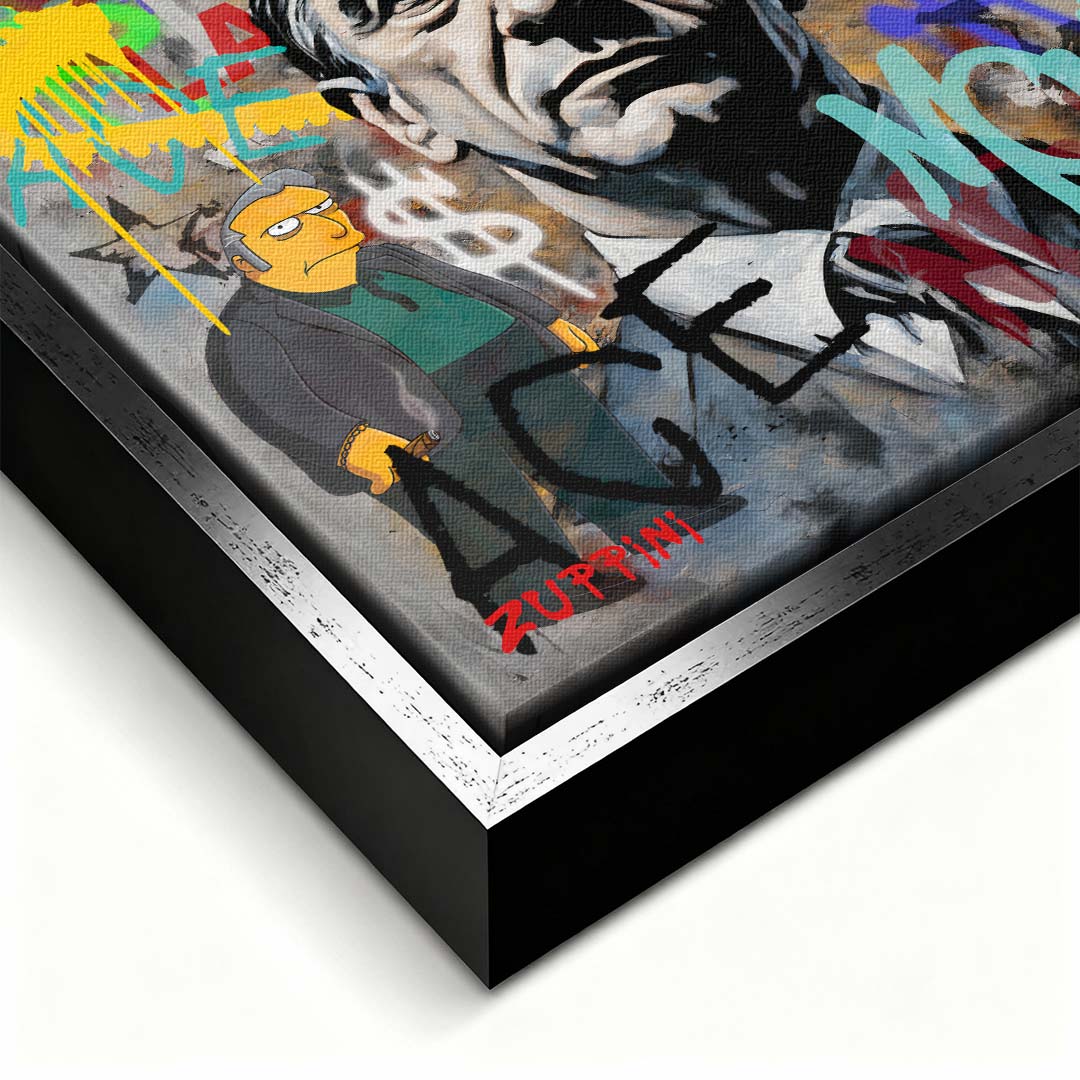 Obraz na płótnie z portretem Roberta De Niro z filmu Kasyno, z napisami graffiti i tłem Las Vegas. Nowoczesny wydruk galeryjny pop-art Huephant.