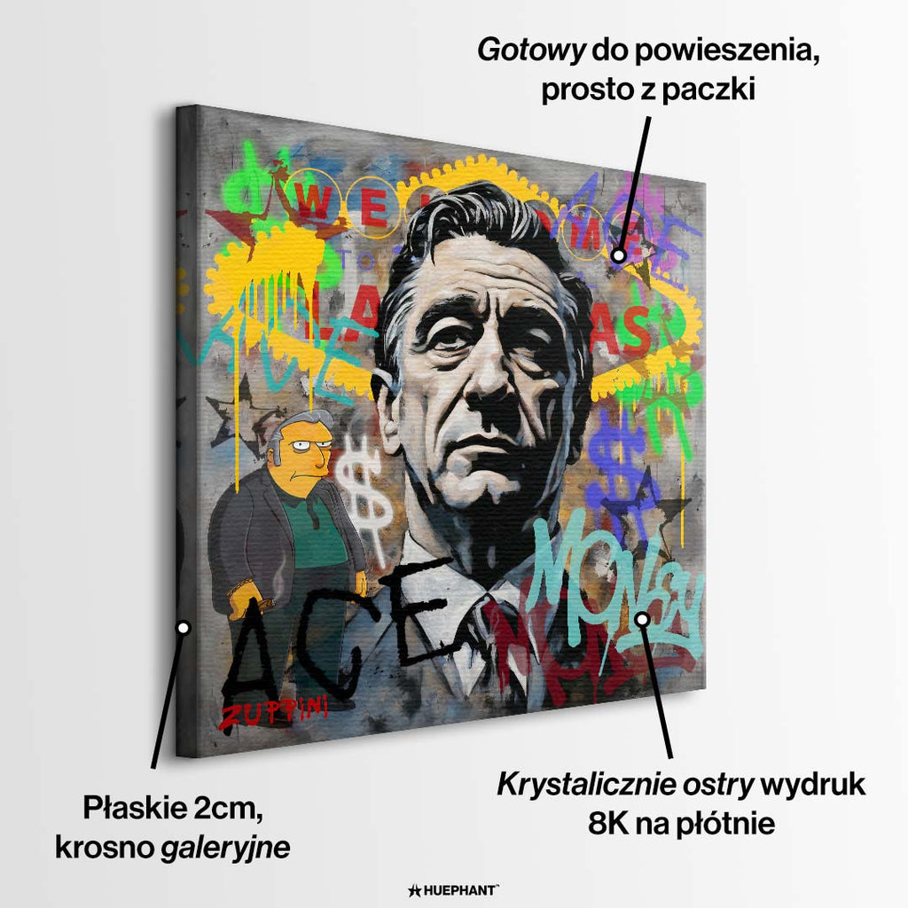Obraz na płótnie z portretem Roberta De Niro z filmu Kasyno, z napisami graffiti i tłem Las Vegas. Nowoczesny wydruk galeryjny pop-art Huephant.