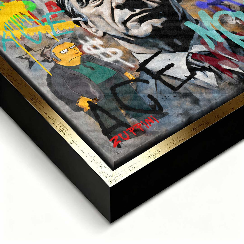 Obraz na płótnie z portretem Roberta De Niro z filmu Kasyno, z napisami graffiti i tłem Las Vegas. Nowoczesny wydruk galeryjny pop-art Huephant.