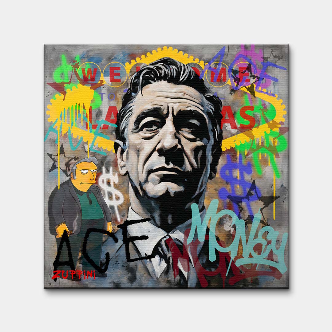 Obraz na płótnie z portretem Roberta De Niro z filmu Kasyno, z napisami graffiti i tłem Las Vegas. Nowoczesny wydruk galeryjny pop-art Huephant.