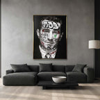 Czarno-biały obraz na płótnie Robert De Niro Mob. Wydruk galeryjny pop art z elementami graffiti, napisem MOB na czole oraz zieloną koniczyną i tekstem CASH.
