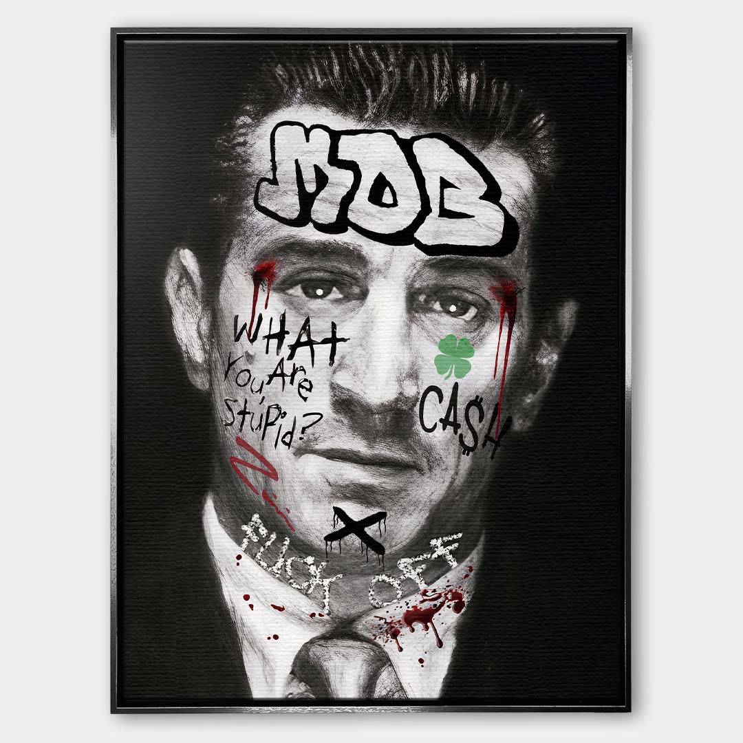 Czarno-biały obraz na płótnie Robert De Niro Mob. Wydruk galeryjny pop art z elementami graffiti, napisem MOB na czole oraz zieloną koniczyną i tekstem CASH.