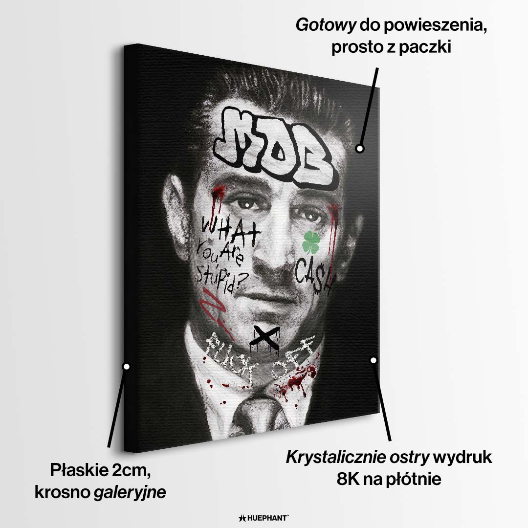 Czarno-biały obraz na płótnie Robert De Niro Mob. Wydruk galeryjny pop art z elementami graffiti, napisem MOB na czole oraz zieloną koniczyną i tekstem CASH.