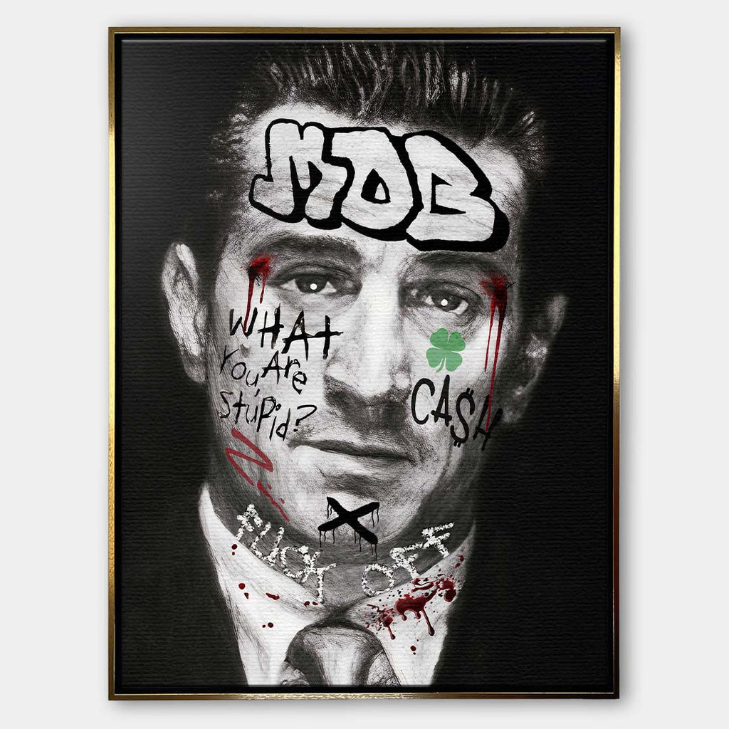 Czarno-biały obraz na płótnie Robert De Niro Mob. Wydruk galeryjny pop art z elementami graffiti, napisem MOB na czole oraz zieloną koniczyną i tekstem CASH.