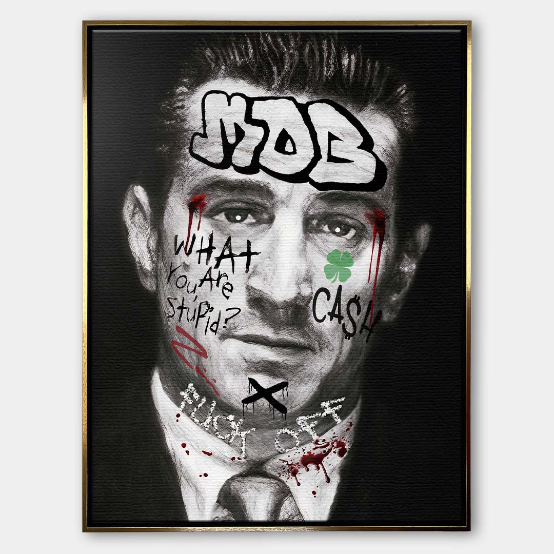 Czarno-biały obraz na płótnie Robert De Niro Mob. Wydruk galeryjny pop art z elementami graffiti, napisem MOB na czole oraz zieloną koniczyną i tekstem CASH.