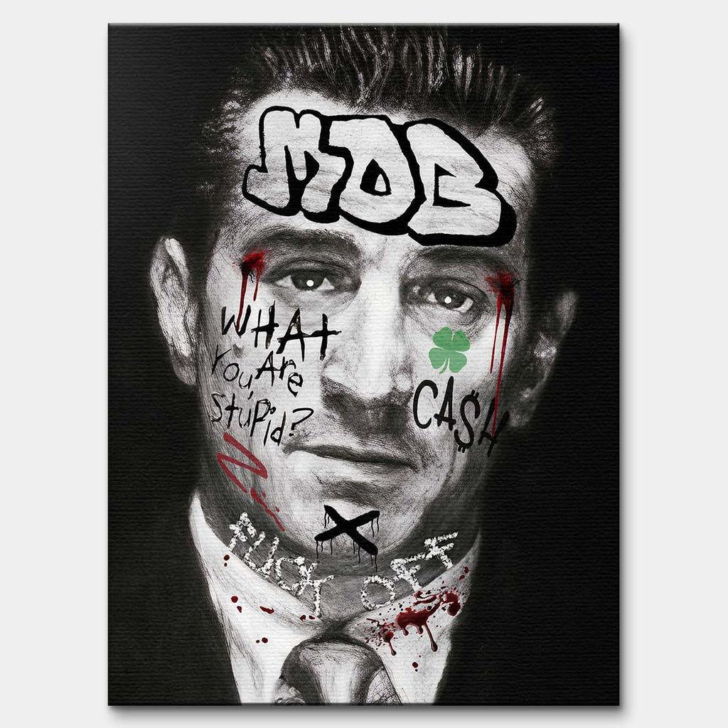 Czarno-biały obraz na płótnie Robert De Niro Mob. Wydruk galeryjny pop art z elementami graffiti, napisem MOB na czole oraz zieloną koniczyną i tekstem CASH.