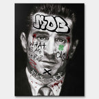 Czarno-biały obraz na płótnie Robert De Niro Mob. Wydruk galeryjny pop art z elementami graffiti, napisem MOB na czole oraz zieloną koniczyną i tekstem CASH.