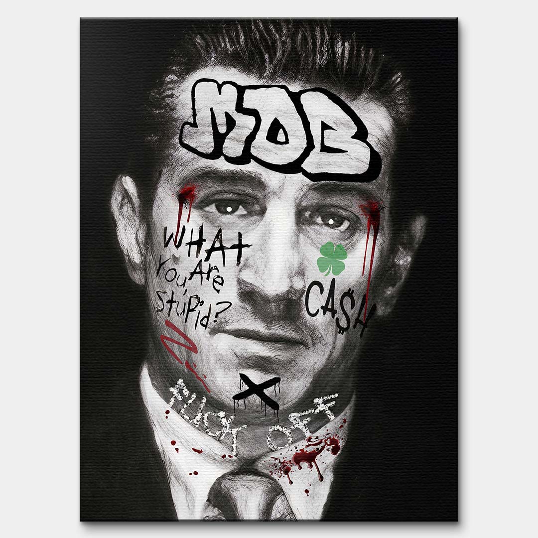 Czarno-biały obraz na płótnie Robert De Niro Mob. Wydruk galeryjny pop art z elementami graffiti, napisem MOB na czole oraz zieloną koniczyną i tekstem CASH.