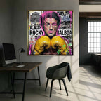 Motywacyjny obraz Rocky Balboa na płótnie. Rocky w żółtych rękawicach bokserskich, w nowoczesnym street artowym stylu, symbol wytrwałości, walki i mentalności mistrza.