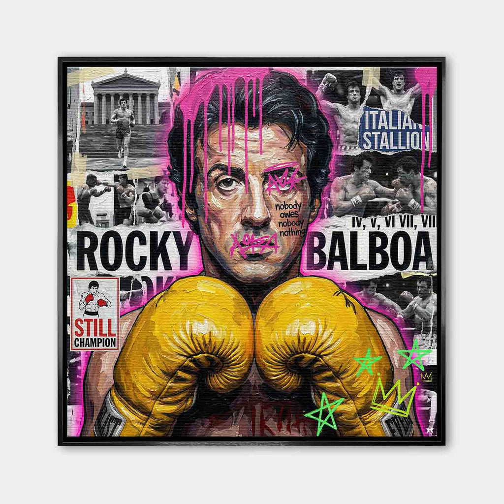 Motywacyjny obraz Rocky Balboa na płótnie. Rocky w żółtych rękawicach bokserskich, w nowoczesnym street artowym stylu, symbol wytrwałości, walki i mentalności mistrza.