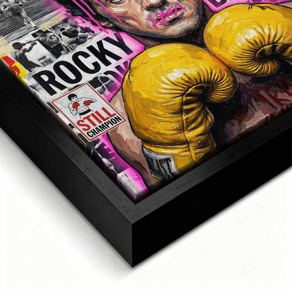 Motywacyjny obraz Rocky Balboa na płótnie. Rocky w żółtych rękawicach bokserskich, w nowoczesnym street artowym stylu, symbol wytrwałości, walki i mentalności mistrza.