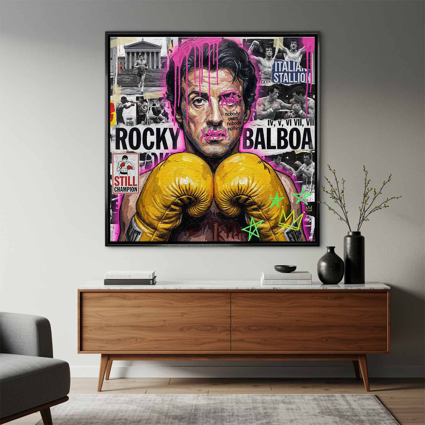 Motywacyjny obraz Rocky Balboa na płótnie. Rocky w żółtych rękawicach bokserskich, w nowoczesnym street artowym stylu, symbol wytrwałości, walki i mentalności mistrza.