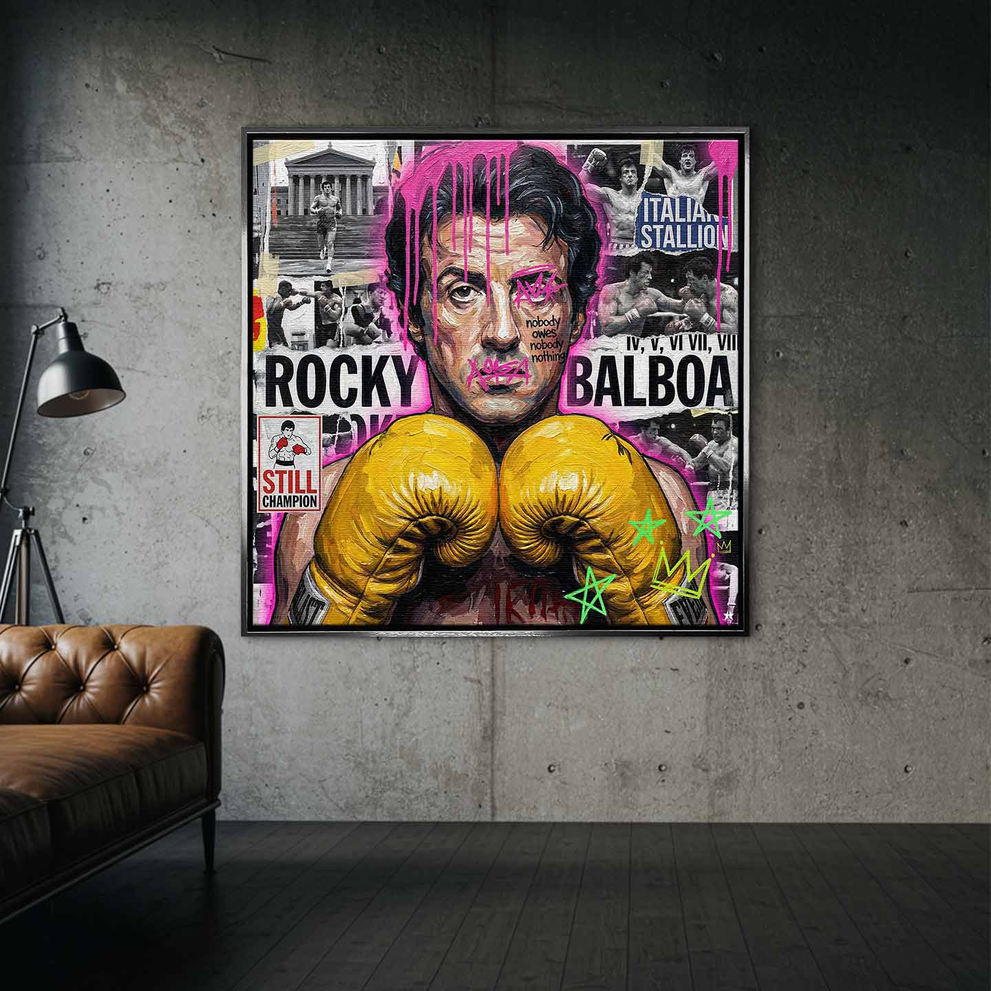Motywacyjny obraz Rocky Balboa na płótnie. Rocky w żółtych rękawicach bokserskich, w nowoczesnym street artowym stylu, symbol wytrwałości, walki i mentalności mistrza.