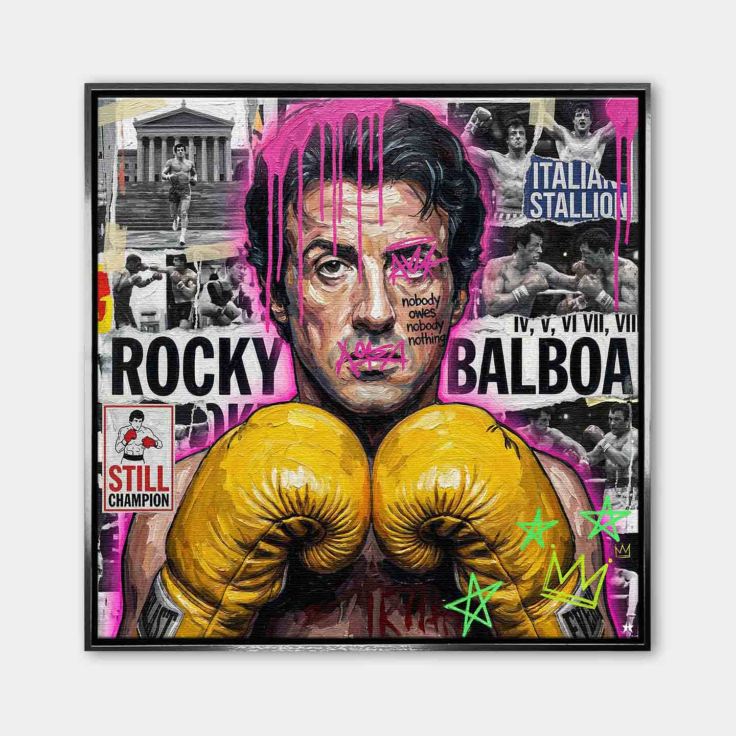 Motywacyjny obraz Rocky Balboa na płótnie. Rocky w żółtych rękawicach bokserskich, w nowoczesnym street artowym stylu, symbol wytrwałości, walki i mentalności mistrza.