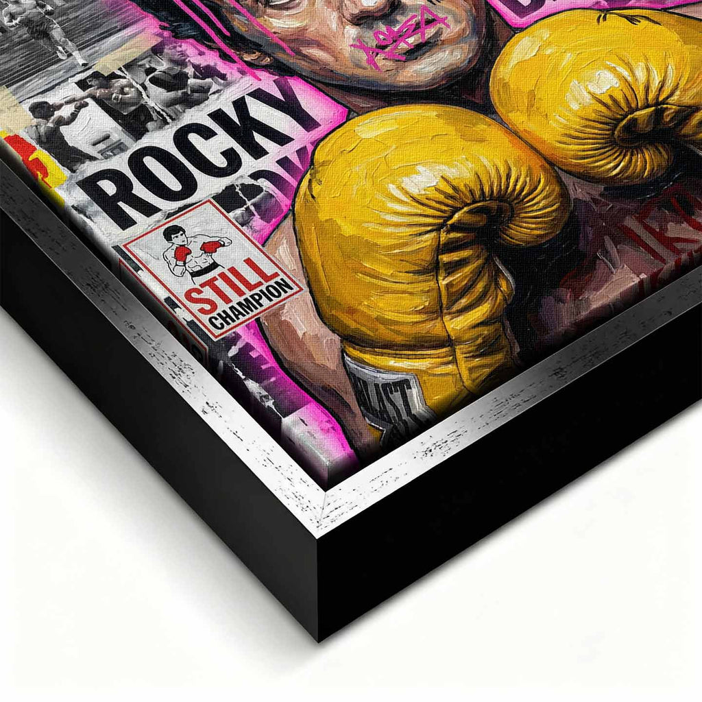 Motywacyjny obraz Rocky Balboa na płótnie. Rocky w żółtych rękawicach bokserskich, w nowoczesnym street artowym stylu, symbol wytrwałości, walki i mentalności mistrza.