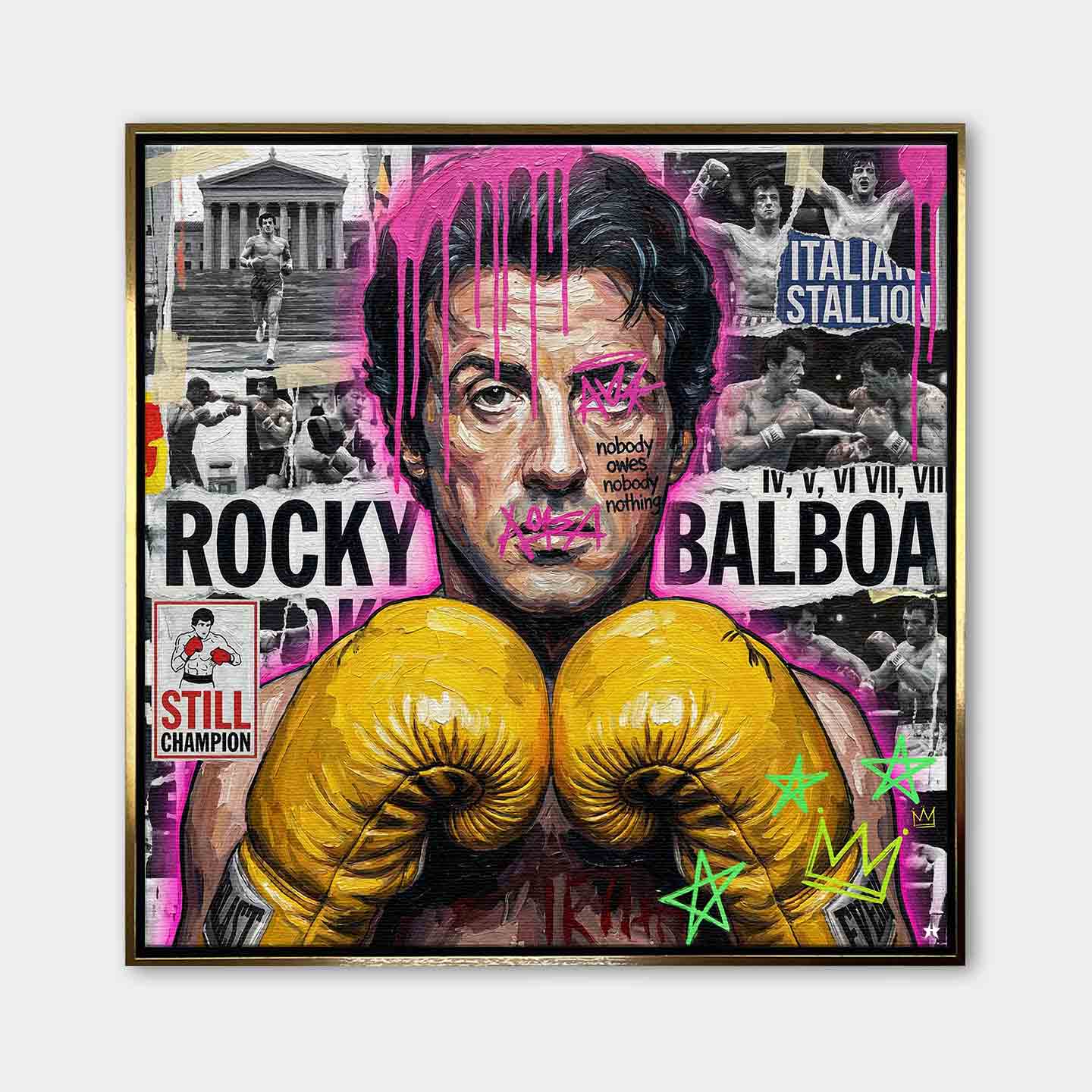 Motywacyjny obraz Rocky Balboa na płótnie. Rocky w żółtych rękawicach bokserskich, w nowoczesnym street artowym stylu, symbol wytrwałości, walki i mentalności mistrza.