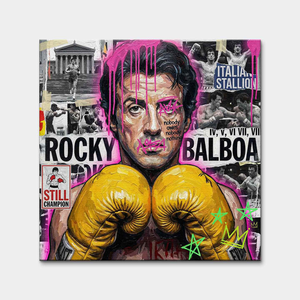 Motywacyjny obraz Rocky Balboa na płótnie. Rocky w żółtych rękawicach bokserskich, w nowoczesnym street artowym stylu, symbol wytrwałości, walki i mentalności mistrza.