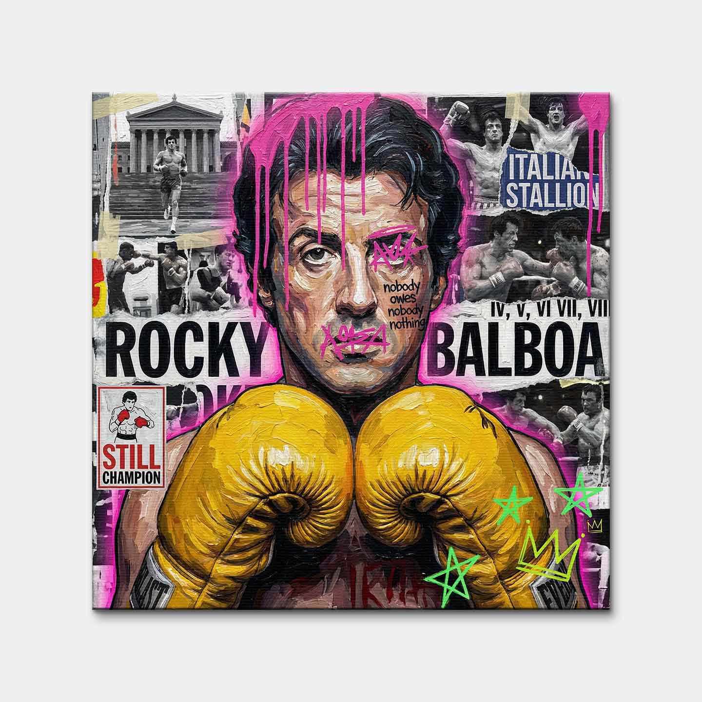 Motywacyjny obraz Rocky Balboa na płótnie. Rocky w żółtych rękawicach bokserskich, w nowoczesnym street artowym stylu, symbol wytrwałości, walki i mentalności mistrza.