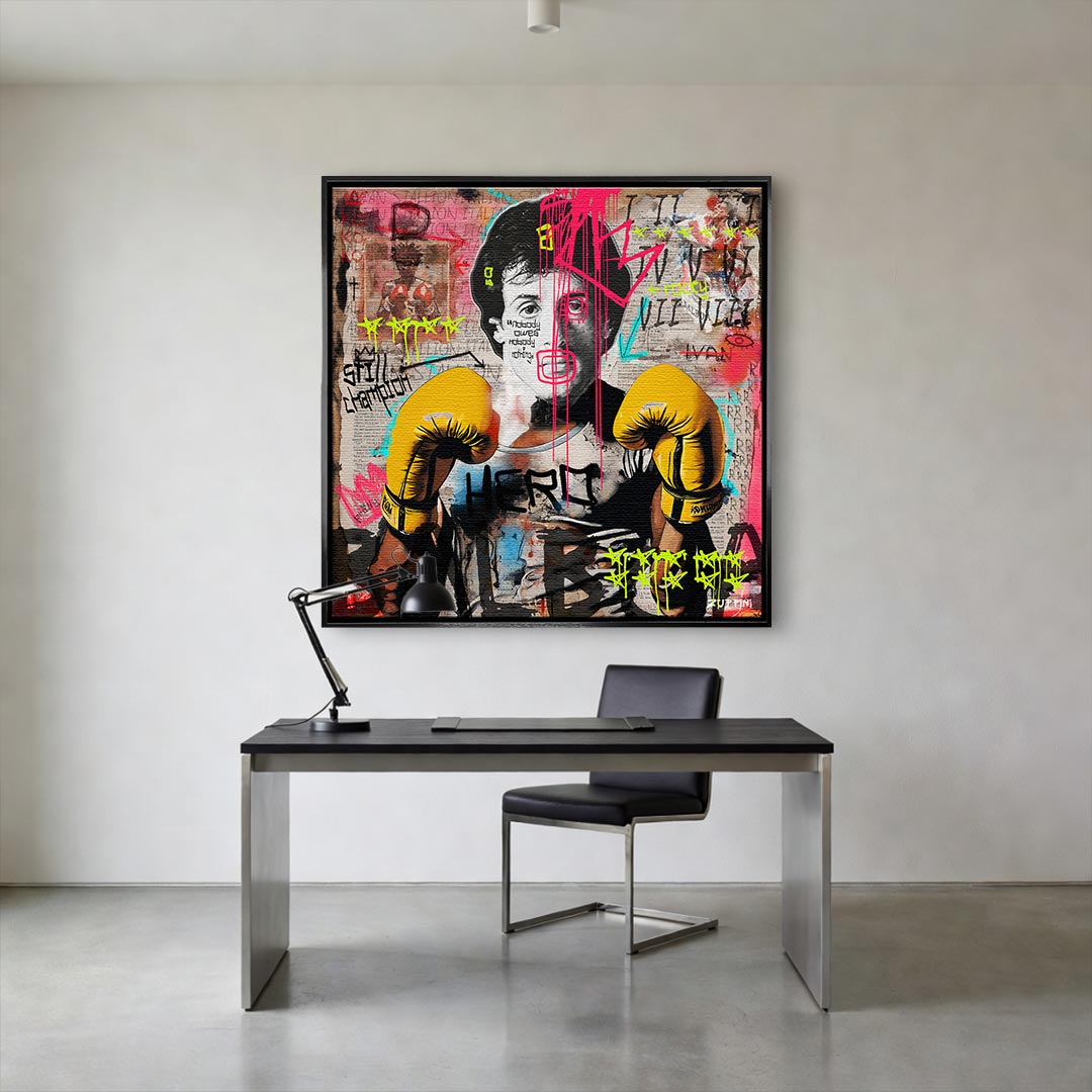 Nowoczesny obraz na płótnie Rocky Balboa. Motywacyjny wydruk galeryjny w stylu street art i pop art, idealna sztuka do biura, salonu lub domowej siłowni.