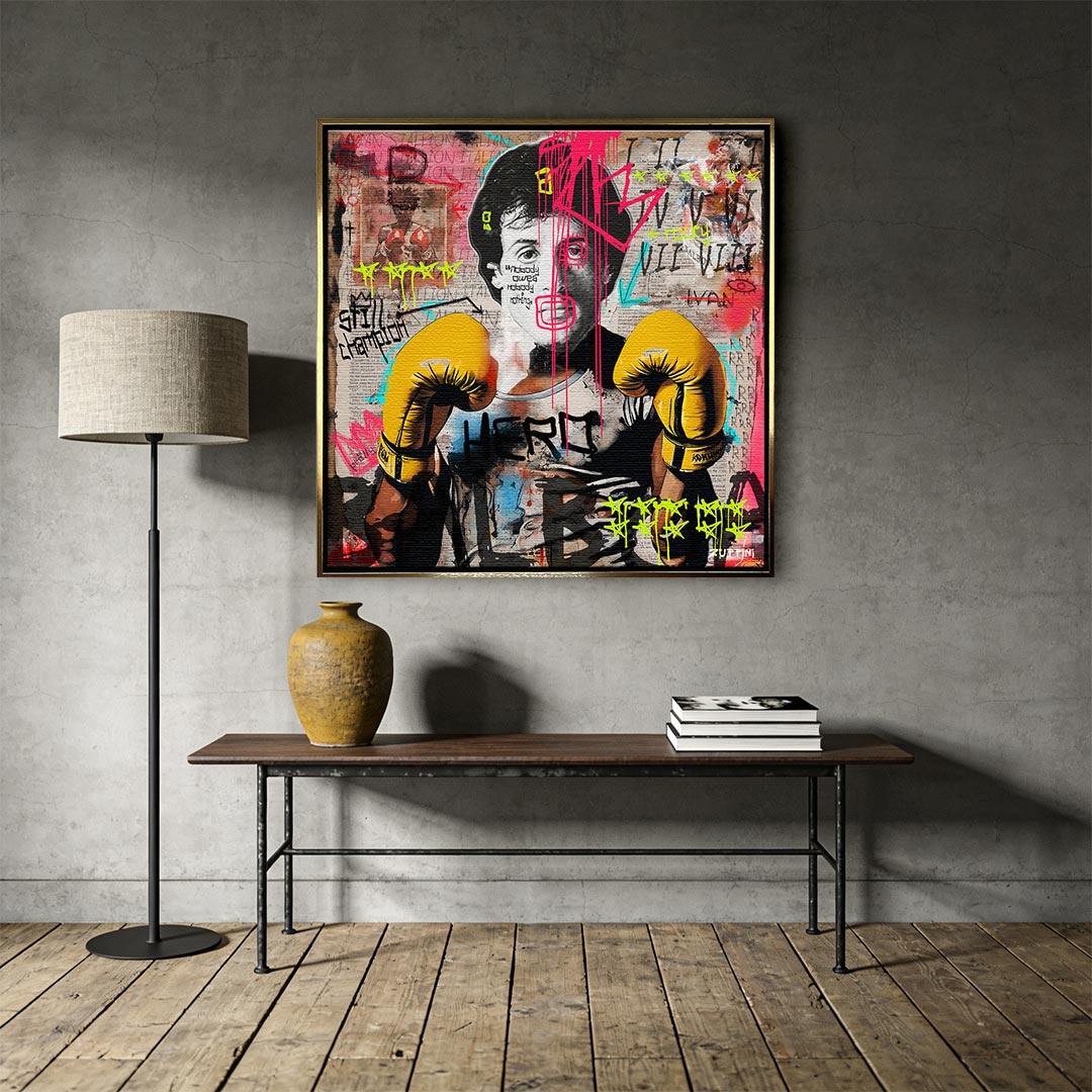 Nowoczesny obraz na płótnie Rocky Balboa. Motywacyjny wydruk galeryjny w stylu street art i pop art, idealna sztuka do biura, salonu lub domowej siłowni.