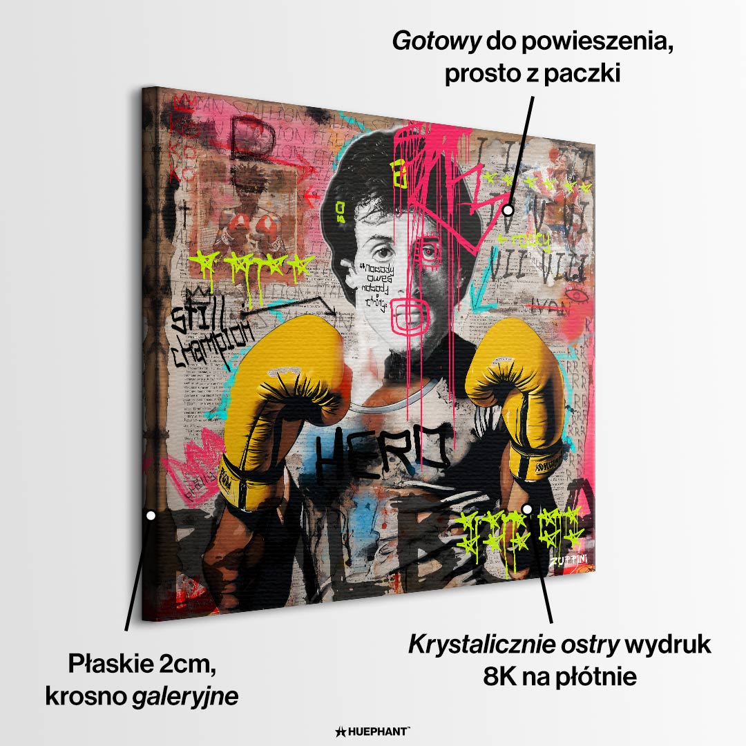 Nowoczesny obraz na płótnie Rocky Balboa. Motywacyjny wydruk galeryjny w stylu street art i pop art, idealna sztuka do biura, salonu lub domowej siłowni.