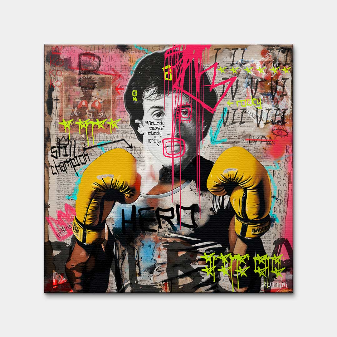 Nowoczesny obraz na płótnie Rocky Balboa. Motywacyjny wydruk galeryjny w stylu street art i pop art, idealna sztuka do biura, salonu lub domowej siłowni.