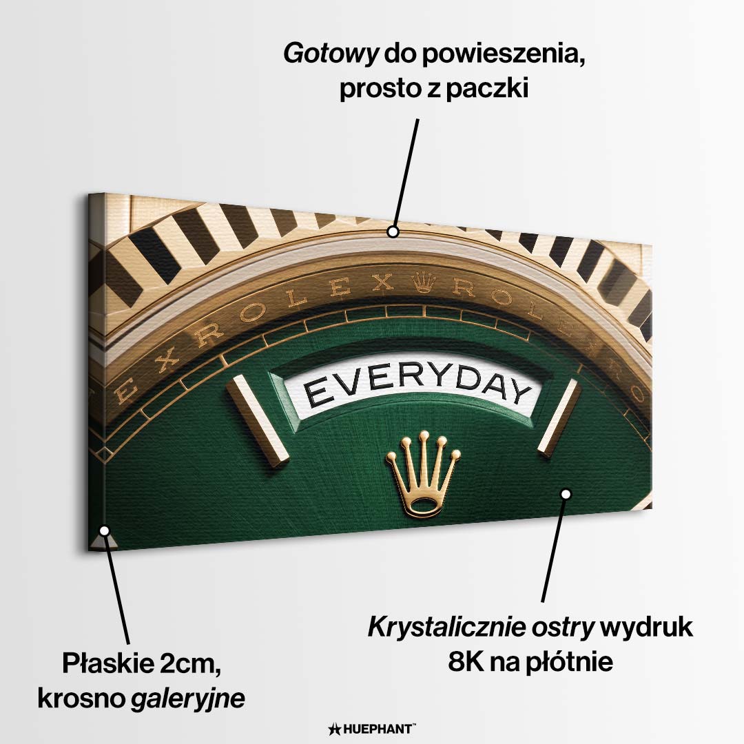 Luksusowy poziomy obraz na płótnie rollie-everyday przedstawiający złotą koronę i napis EVERYDAY na głębokim zielonym tle tarczy zegarka.
