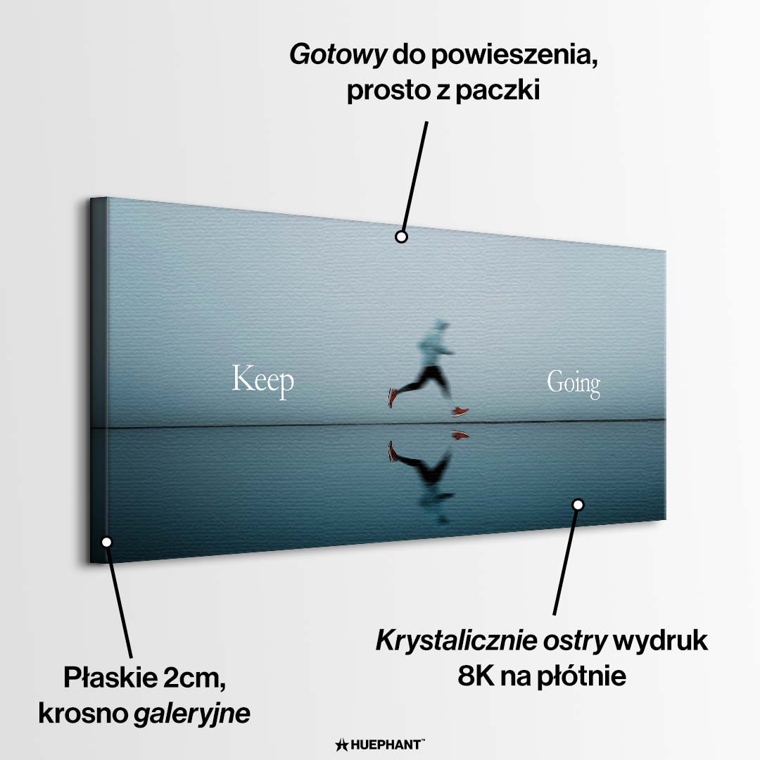 Nowoczesny obraz na płótnie przedstawiający rozmazaną sylwetkę biegacza z odbiciem w wodzie i motywacyjnym napisem Keep Going, wydruk galeryjny Huephant.