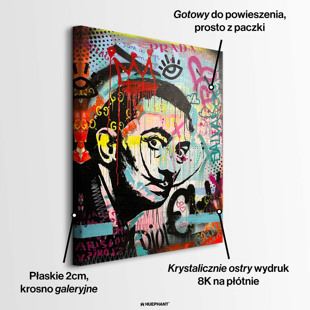 Obraz na płótnie w stylu street art przedstawiający portret artysty z wąsem na tle barwnego graffiti. Wydruk galeryjny, sztuka nowoczesna.
