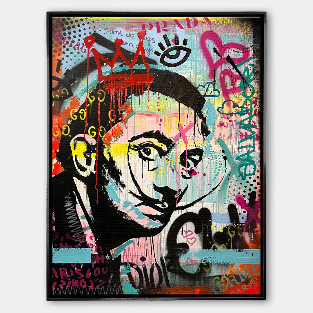 Obraz na płótnie w stylu street art przedstawiający portret artysty z wąsem na tle barwnego graffiti. Wydruk galeryjny, sztuka nowoczesna.