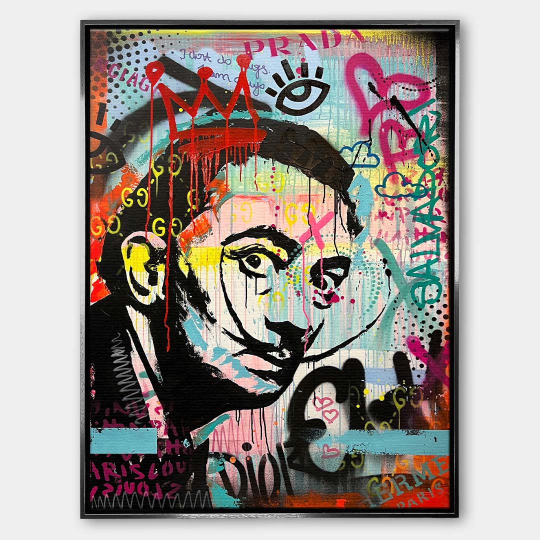 Obraz na płótnie w stylu street art przedstawiający portret artysty z wąsem na tle barwnego graffiti. Wydruk galeryjny, sztuka nowoczesna.