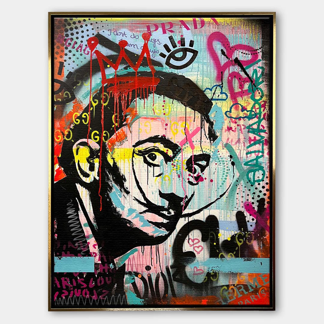 Obraz na płótnie w stylu street art przedstawiający portret artysty z wąsem na tle barwnego graffiti. Wydruk galeryjny, sztuka nowoczesna.