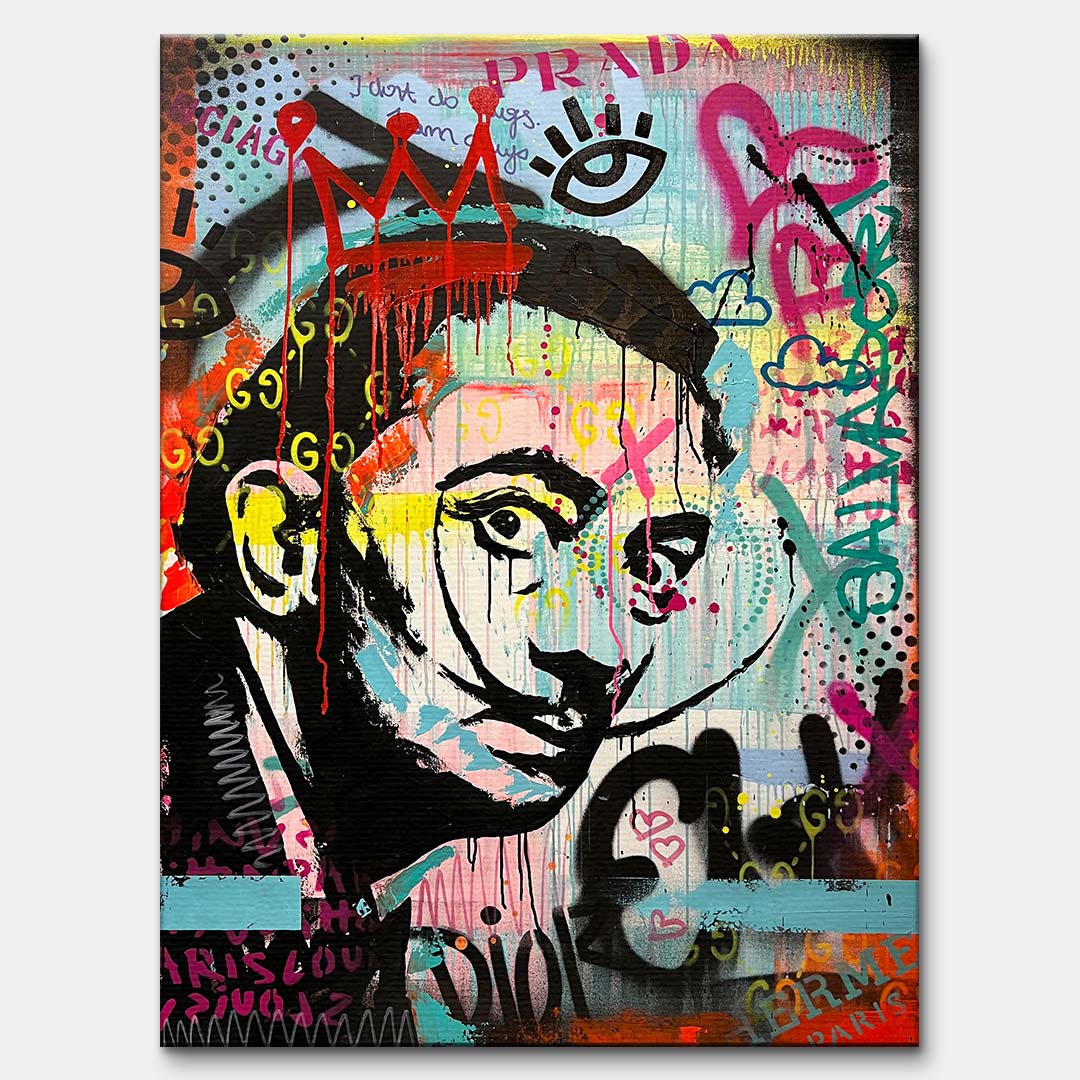 Obraz na płótnie w stylu street art przedstawiający portret artysty z wąsem na tle barwnego graffiti. Wydruk galeryjny, sztuka nowoczesna.