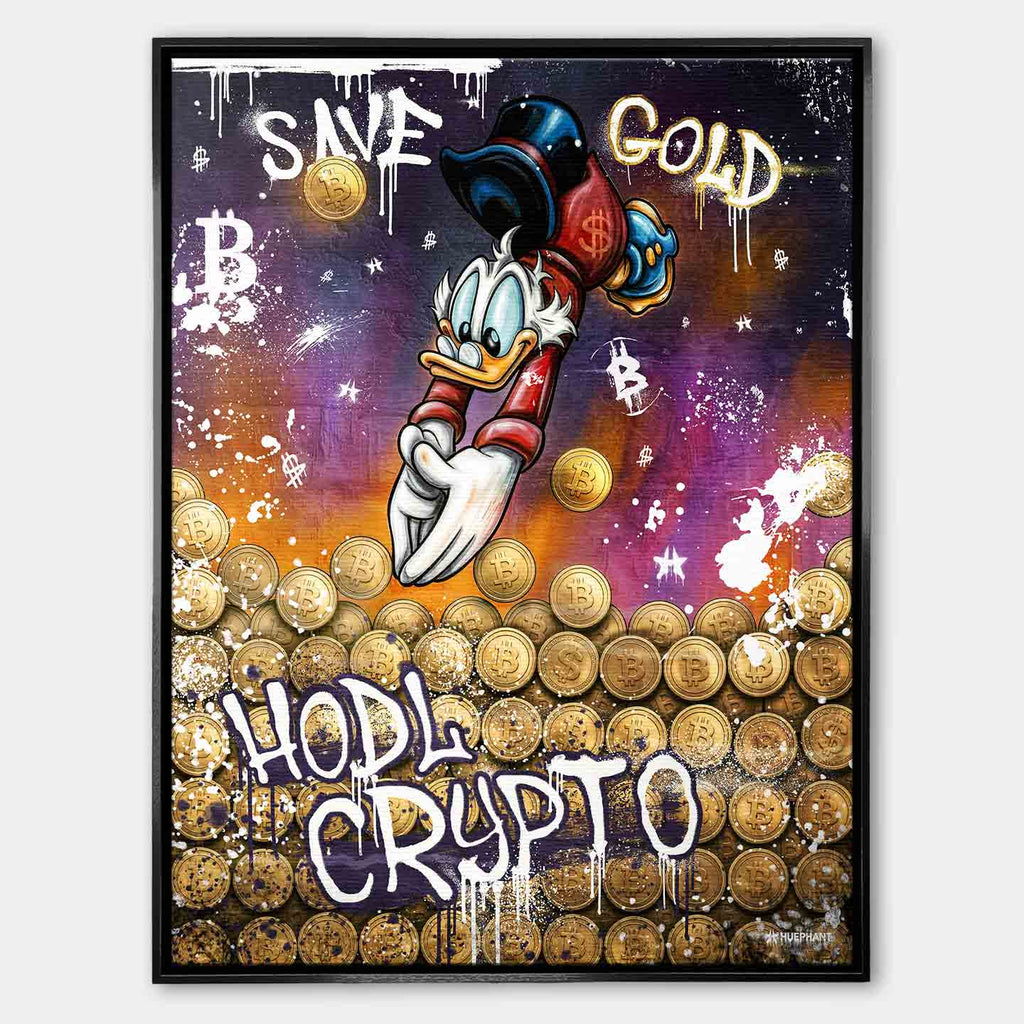 Obraz na płótnie Save Gold Hodl Crypto, street art z kaczą postacią, złotymi monetami kryptowalut i graffiti w fioletowo-złotej kolorystyce.