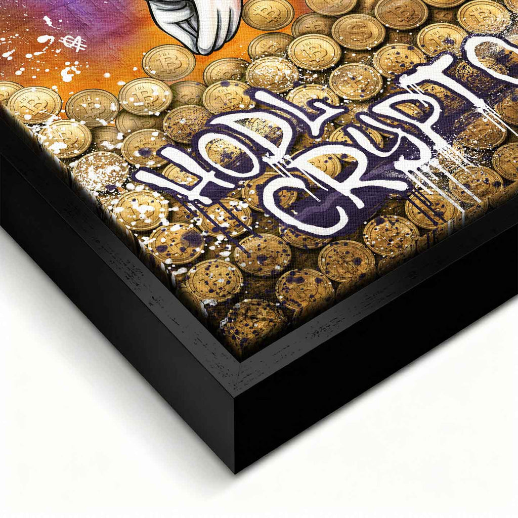 Obraz na płótnie Save Gold Hodl Crypto, street art z kaczą postacią, złotymi monetami kryptowalut i graffiti w fioletowo-złotej kolorystyce.