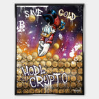 Obraz na płótnie Save Gold Hodl Crypto, street art z kaczą postacią, złotymi monetami kryptowalut i graffiti w fioletowo-złotej kolorystyce.