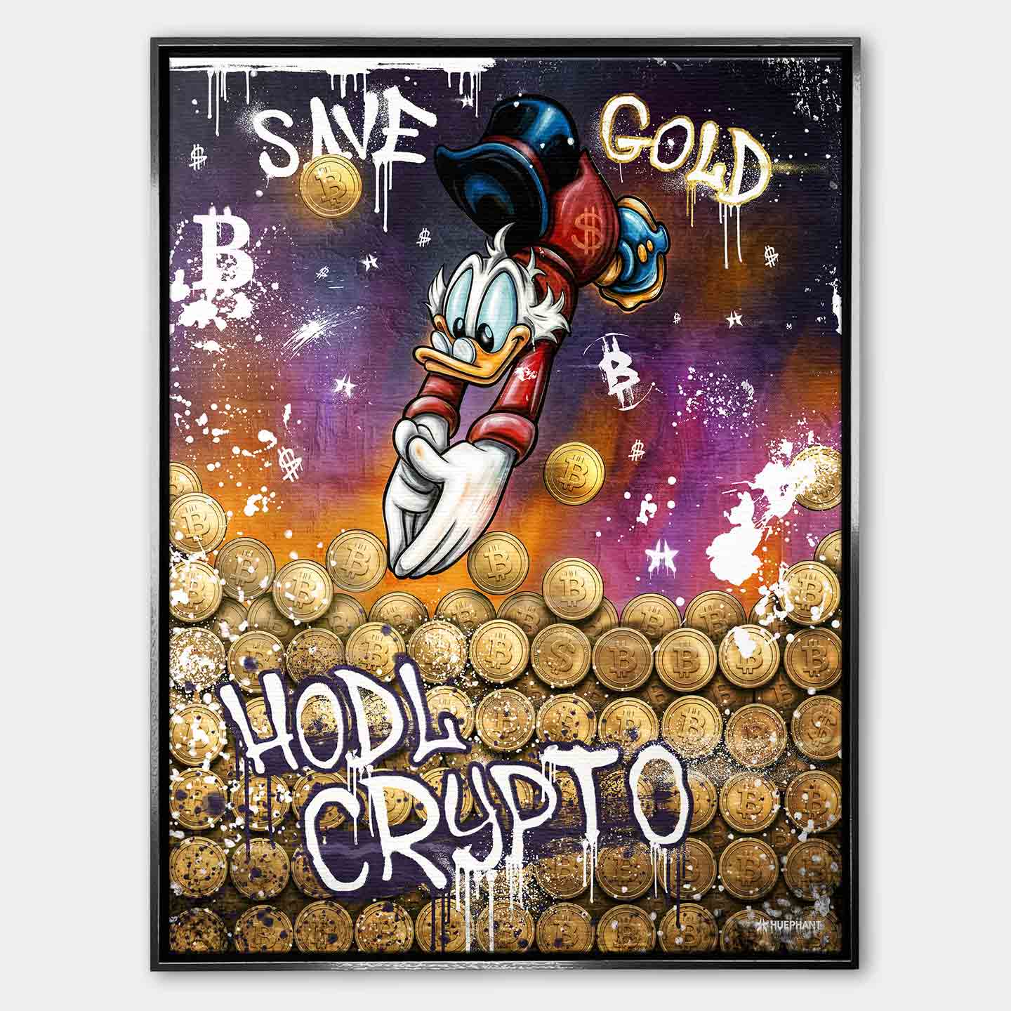 Obraz na płótnie Save Gold Hodl Crypto, street art z kaczą postacią, złotymi monetami kryptowalut i graffiti w fioletowo-złotej kolorystyce.