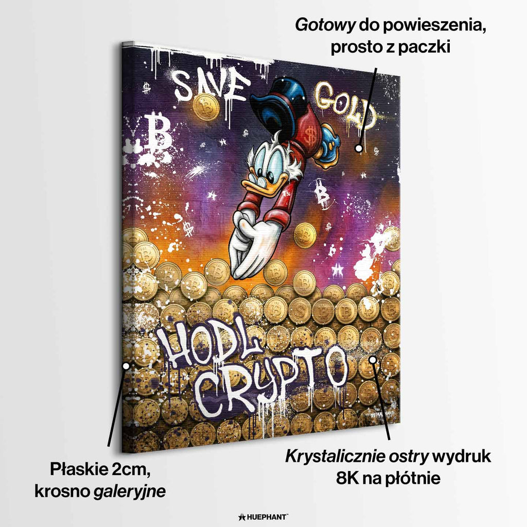Obraz na płótnie Save Gold Hodl Crypto, street art z kaczą postacią, złotymi monetami kryptowalut i graffiti w fioletowo-złotej kolorystyce.