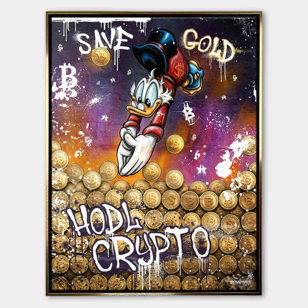 Obraz na płótnie Save Gold Hodl Crypto, street art z kaczą postacią, złotymi monetami kryptowalut i graffiti w fioletowo-złotej kolorystyce.