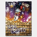 Obraz na płótnie Save Gold Hodl Crypto, street art z kaczą postacią, złotymi monetami kryptowalut i graffiti w fioletowo-złotej kolorystyce.